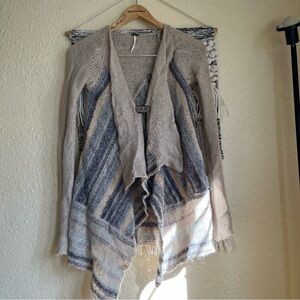 Free People Taupe, Blue & Cream Striped Draped Cardigan